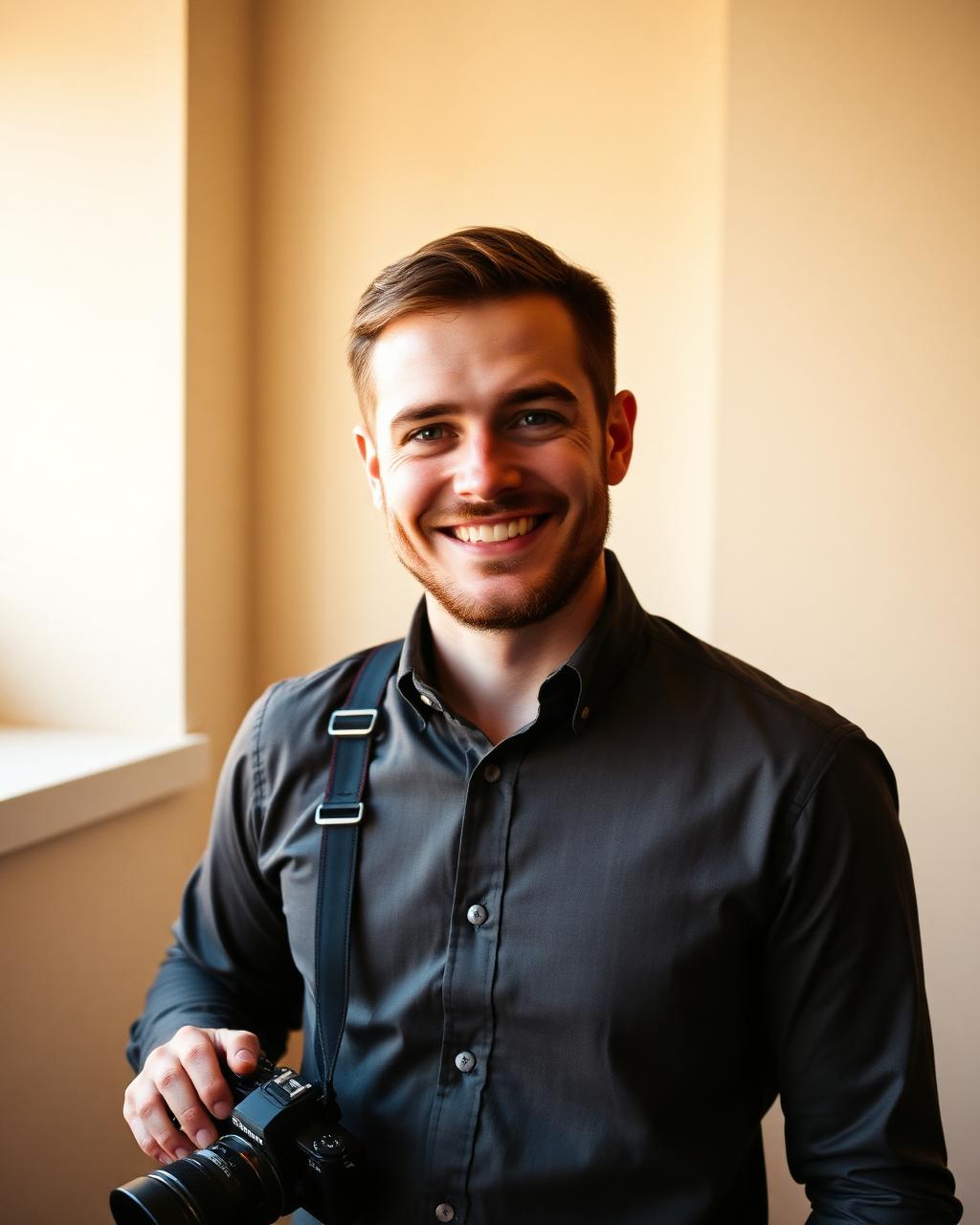 Portrett av bryllupsfotograf Simon Myklebost med kameraet sitt